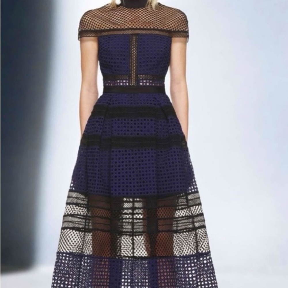 Self-Portrait Navy and Black Backless Lace Dress